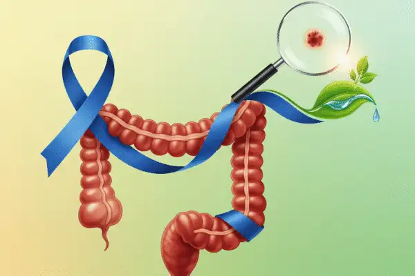 A vibrant illustration depicting a healthy colon entwined with a blue awareness ribbon.
