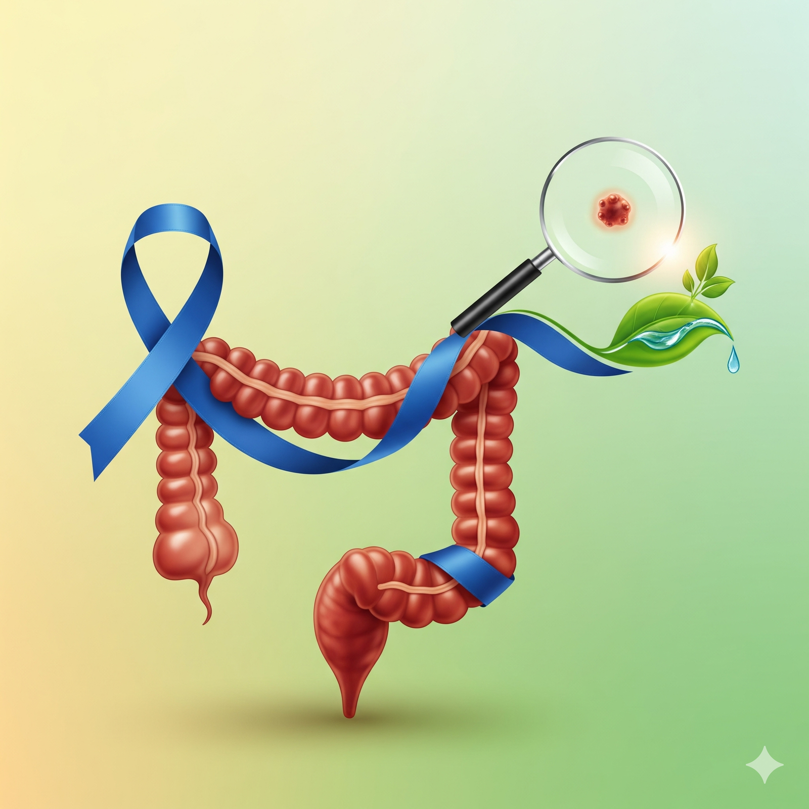 A vibrant illustration depicting a healthy colon entwined with a blue awareness ribbon.