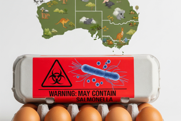 A carton of brown eggs with a prominent red warning label on top that reads "WARNING: MAY CONTAIN SALMONELLA" and features a biohazard symbol and a microscopic view of salmonella bacteria.