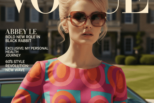 Abbey Lee in a 1960s-inspired photoshoot for Vogue Australia, featuring bold colours and sunglasses, with text promoting her new role and health journey.