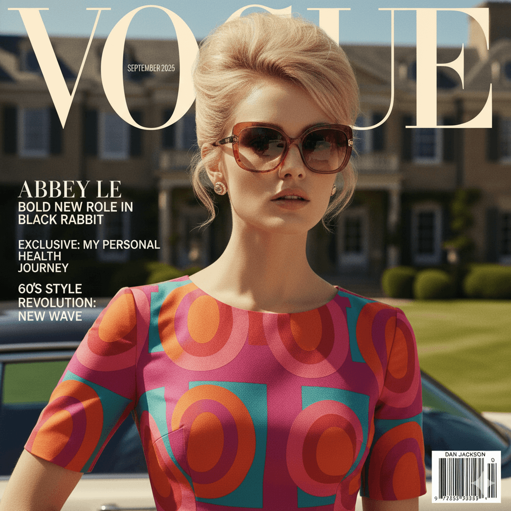 Abbey Lee in a 1960s-inspired photoshoot for Vogue Australia, featuring bold colours and sunglasses, with text promoting her new role and health journey.