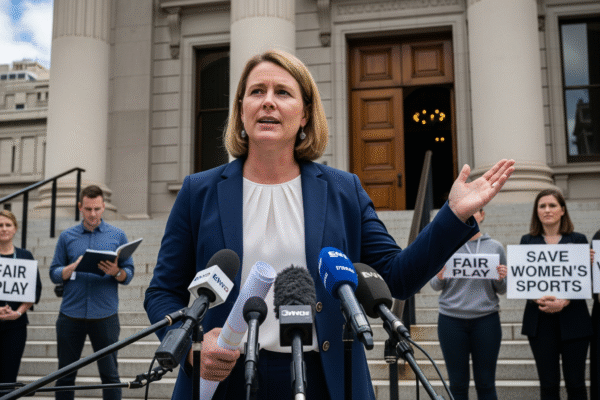 A woman in a blue blazer speaks at a press conference on the steps of a courthouse.