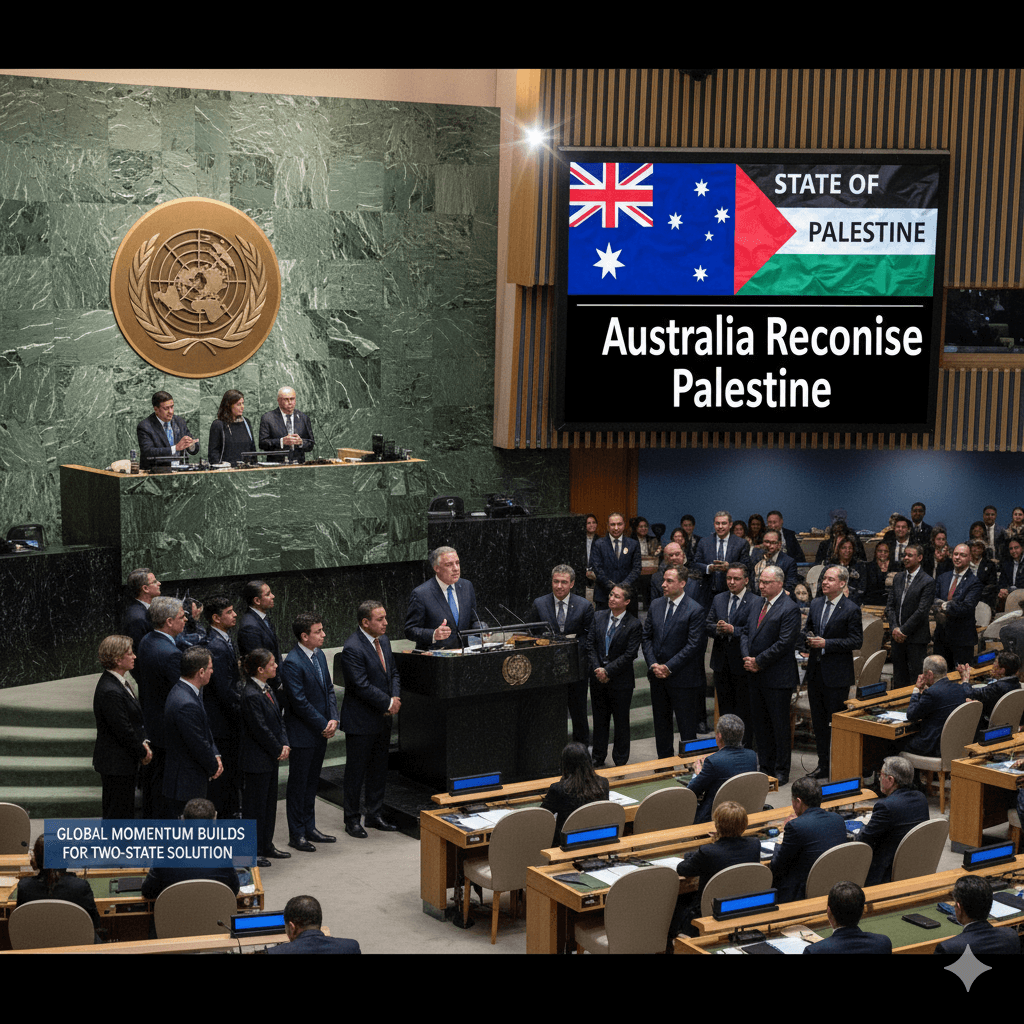 A photo of the Australian flag alongside the Palestinian flag, with the UN General Assembly building in the background, symbolizing Australia's recognition of Palestine.