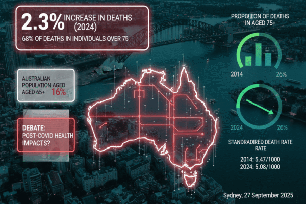 An infographic over Sydney's skyline, highlighting a 2.3% increase in Australian deaths in 2024, driven by a growing elderly population.