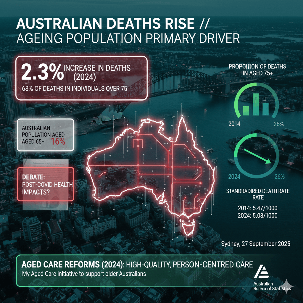 An infographic over Sydney's skyline, highlighting a 2.3% increase in Australian deaths in 2024, driven by a growing elderly population.