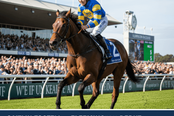 Jockey Caitlin Tootell, in blue and yellow silks, races on a brown horse named Two Odd Sox at Flemington. Crowds and grandstands are in the background.