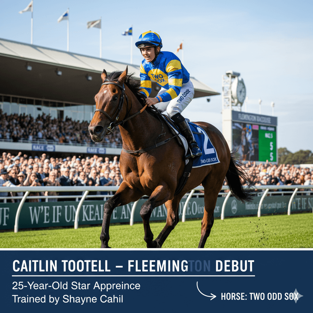 Jockey Caitlin Tootell, in blue and yellow silks, races on a brown horse named Two Odd Sox at Flemington. Crowds and grandstands are in the background.