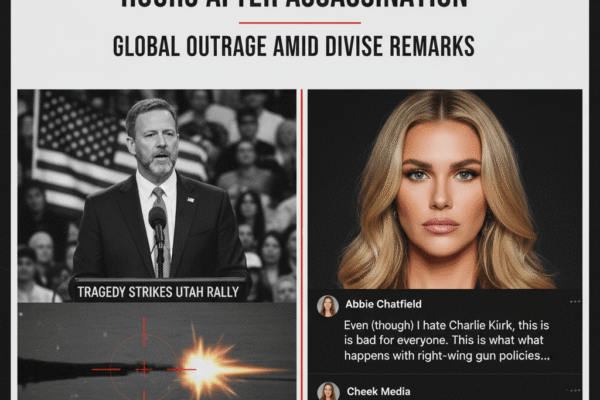 A news graphic with a split image. On the left, a black-and-white photo shows Charlie Kirk speaking at a rally with an American flag in the background, overlaid with a graphic of a bullet impact and a target reticle.