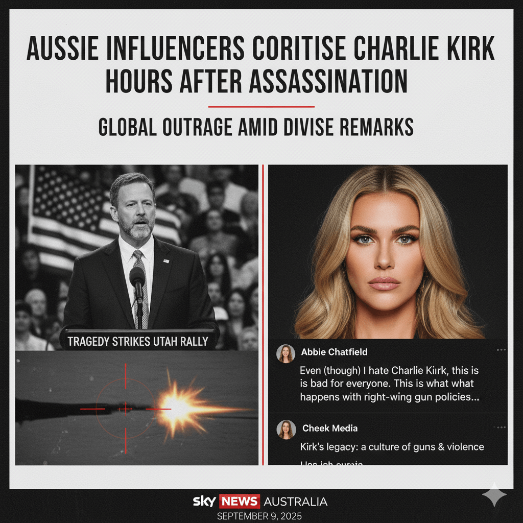 A news graphic with a split image. On the left, a black-and-white photo shows Charlie Kirk speaking at a rally with an American flag in the background, overlaid with a graphic of a bullet impact and a target reticle.