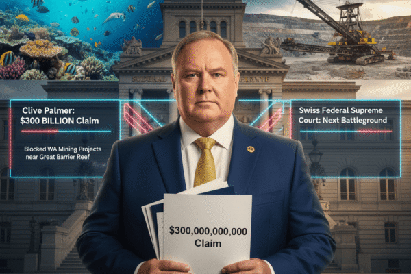 A photo of Australian billionaire Clive Palmer with a serious expression, standing in front of a legal document, symbolizing his challenge against a tribunal ruling over a $300 billion mining dispute.