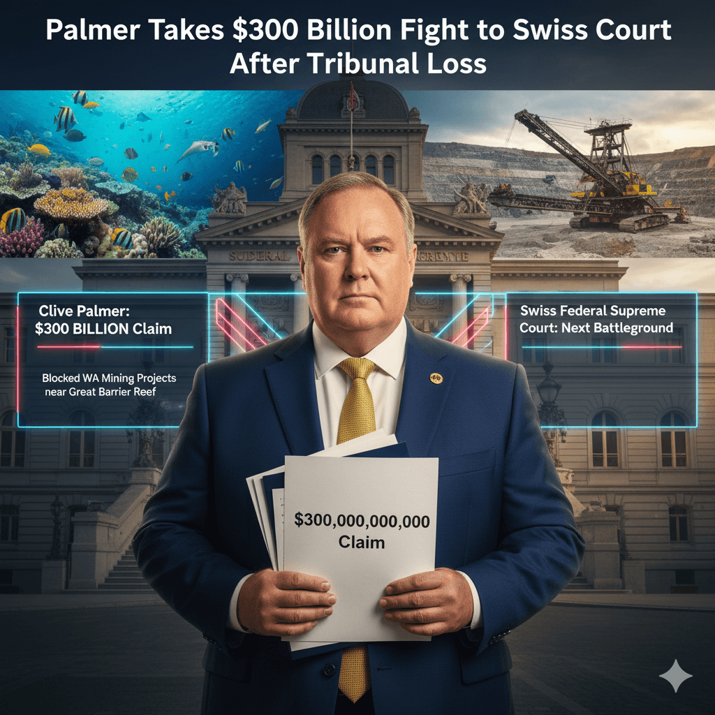 A photo of Australian billionaire Clive Palmer with a serious expression, standing in front of a legal document, symbolizing his challenge against a tribunal ruling over a $300 billion mining dispute.