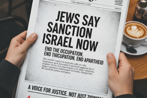 Hands hold a newspaper headline "JEWS SAY SANCTION ISRAEL NOW" with "END THE OCCUPATION. END APARTHEID," sparking national debate.