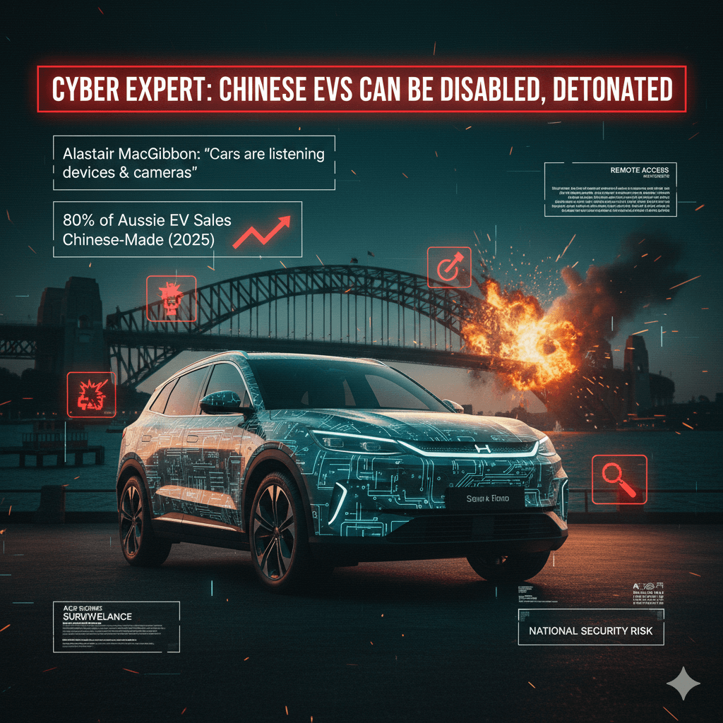 An electric vehicle with circuit patterns on its surface, set against the Sydney Harbour Bridge. Explosions and warning icons highlight cyber risks.