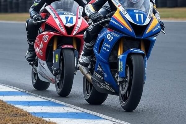 Two motorcyclists, Josh Waters (left) and Anthony West (right), racing closely on their superbikes at Phillip Island. Waters' red bike (No. 10) and West's blue bike (No. 7) navigate a wet and dry track, highlighting their intense rivalry in the ASBK Championship.