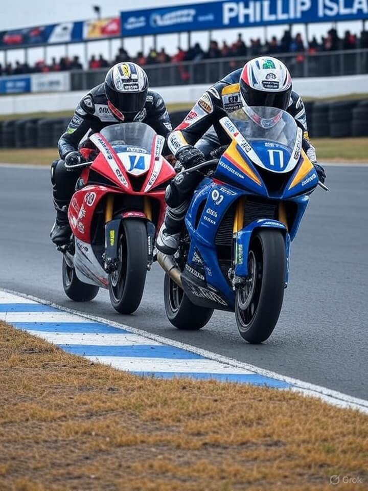 Two motorcyclists, Josh Waters (left) and Anthony West (right), racing closely on their superbikes at Phillip Island. Waters' red bike (No. 10) and West's blue bike (No. 7) navigate a wet and dry track, highlighting their intense rivalry in the ASBK Championship.