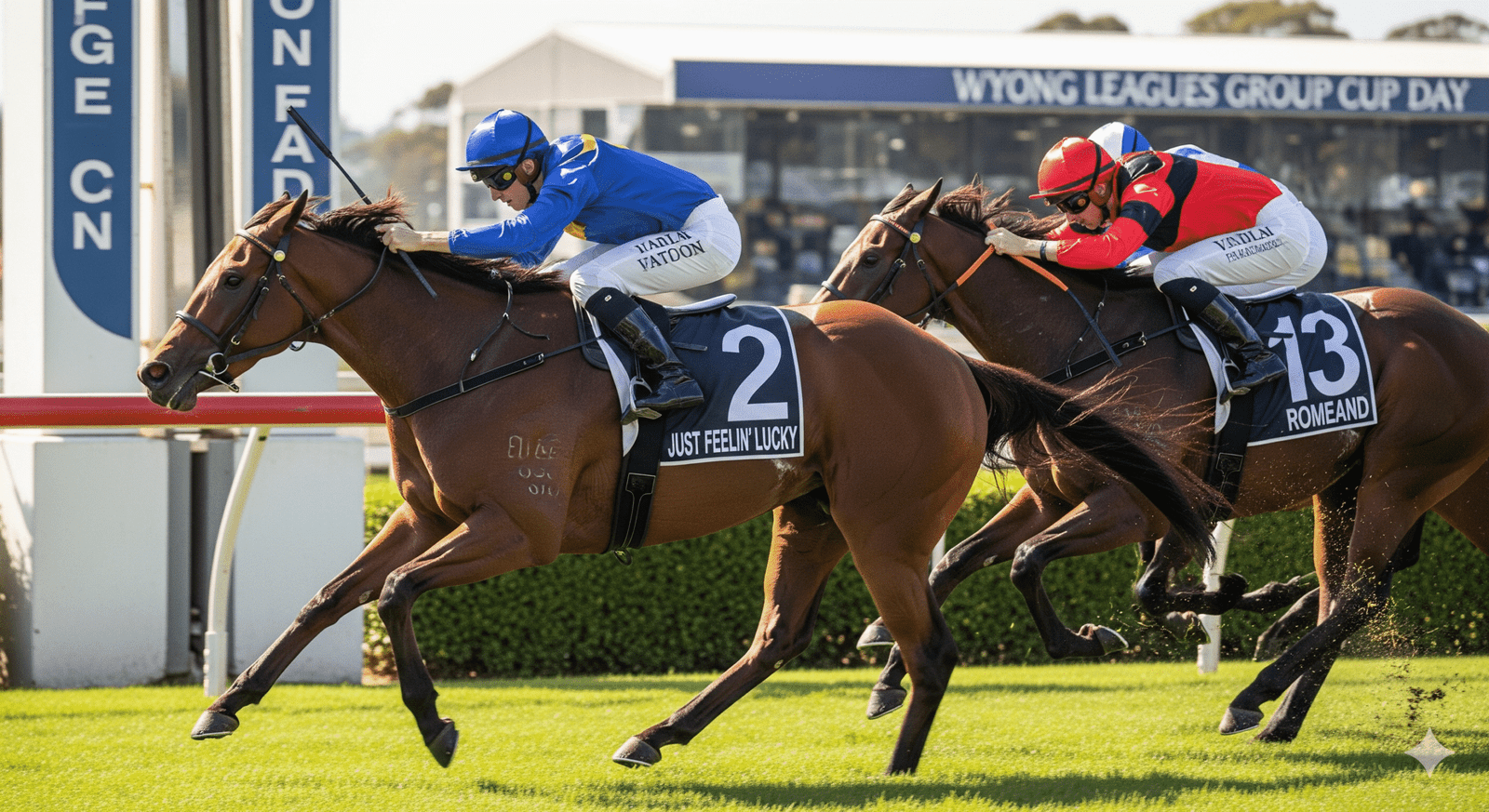 A dramatic photo of two racehorses, Just Feelin' Lucky (number 2) and Romeand (number 13), in a photo finish at Wyong Racecourse.