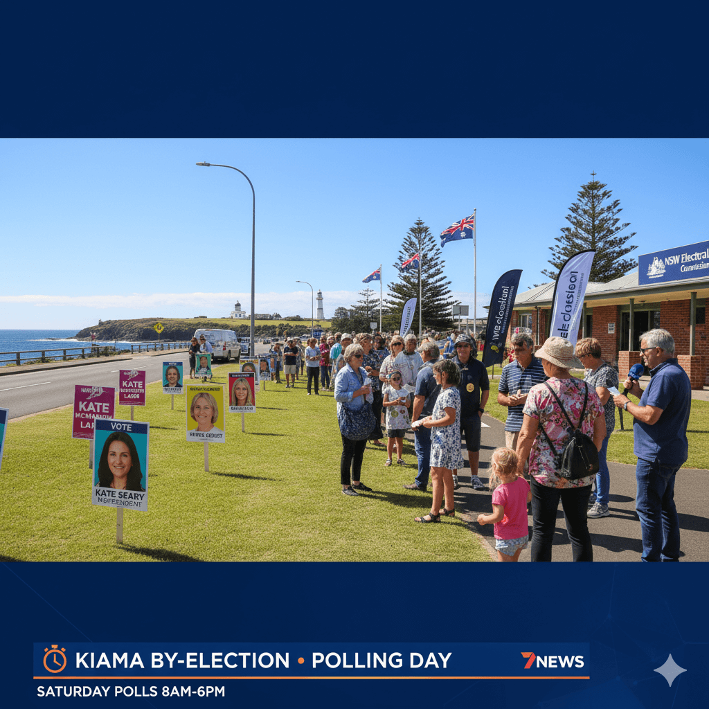A sunny outdoor scene in Kiama, NSW, with a queue of diverse voters lined up outside a polling station building.