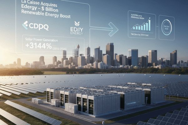 Image of a solar farm with battery storage systems, showcasing Edify Energy's renewable energy projects in Australia, acquired by La Caisse for AUD 1.1 billion.