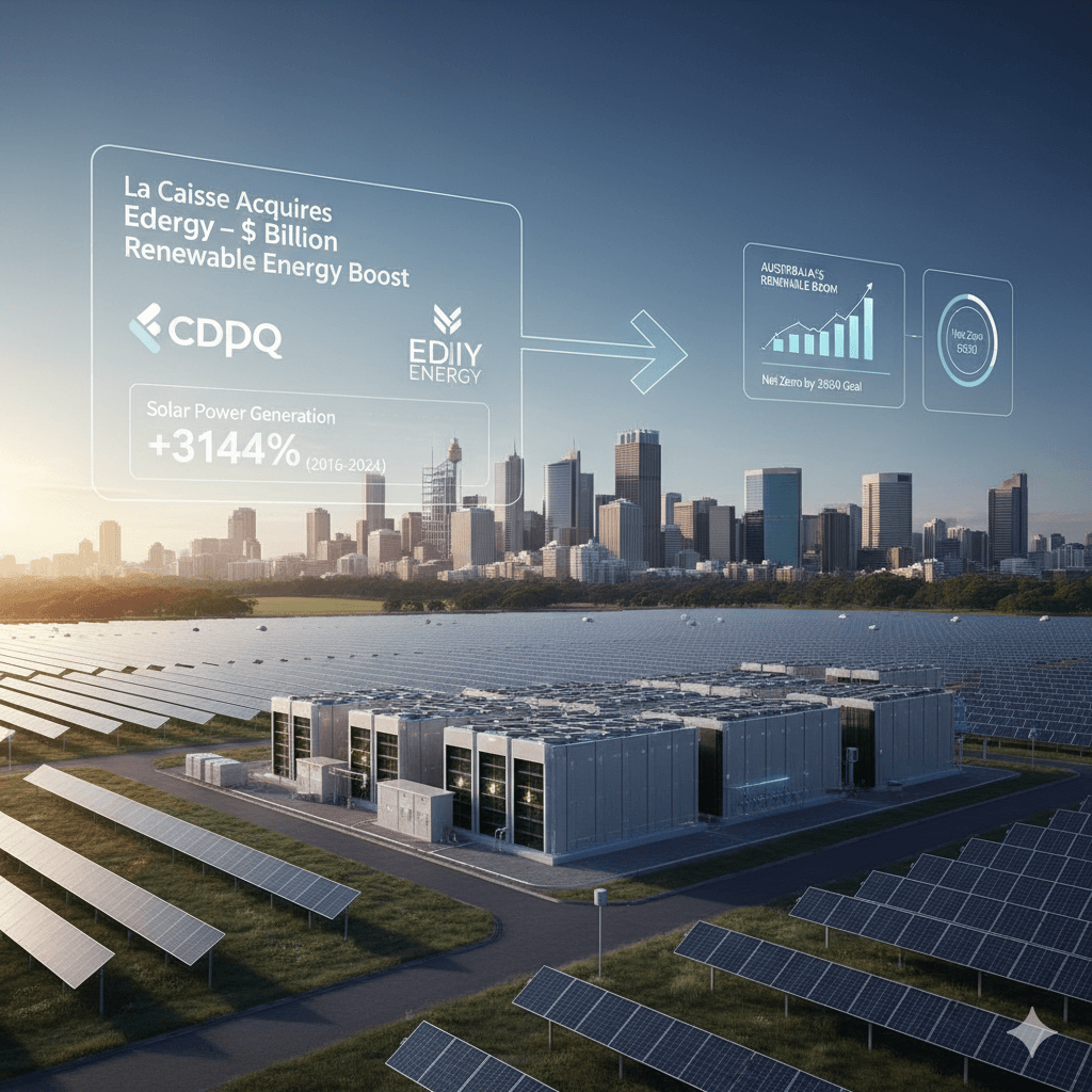 Image of a solar farm with battery storage systems, showcasing Edify Energy's renewable energy projects in Australia, acquired by La Caisse for AUD 1.1 billion.
