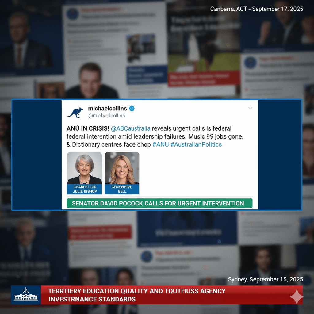 Image of ANU campus with protest signs, symbolizing leadership crisis. Chancellor Julie Bishop and Vice-Chancellor Genevieve Bell face pressure amid 399 job cuts.