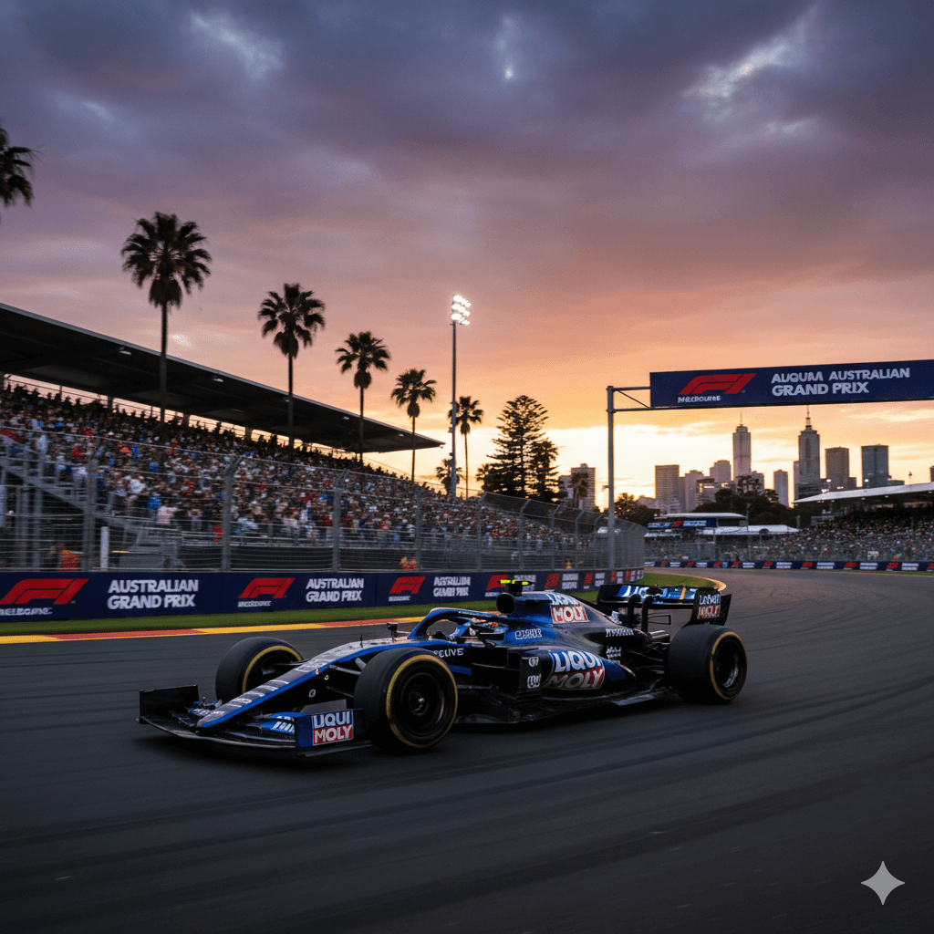 A Formula 1 race car, predominantly black with blue accents and prominent "LIQUI MOLY" branding, speeds around a track at dusk.