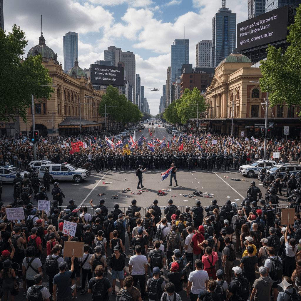 An overhead view of a large street protest in an Australian city. Many people are gathered, some holding flags, with a line of police officers separating different groups.