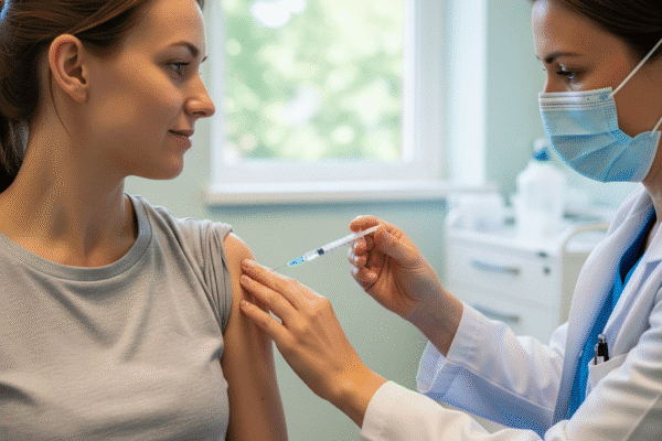 A female healthcare worker in a face mask and gloves administers a vaccine to a woman's upper arm.