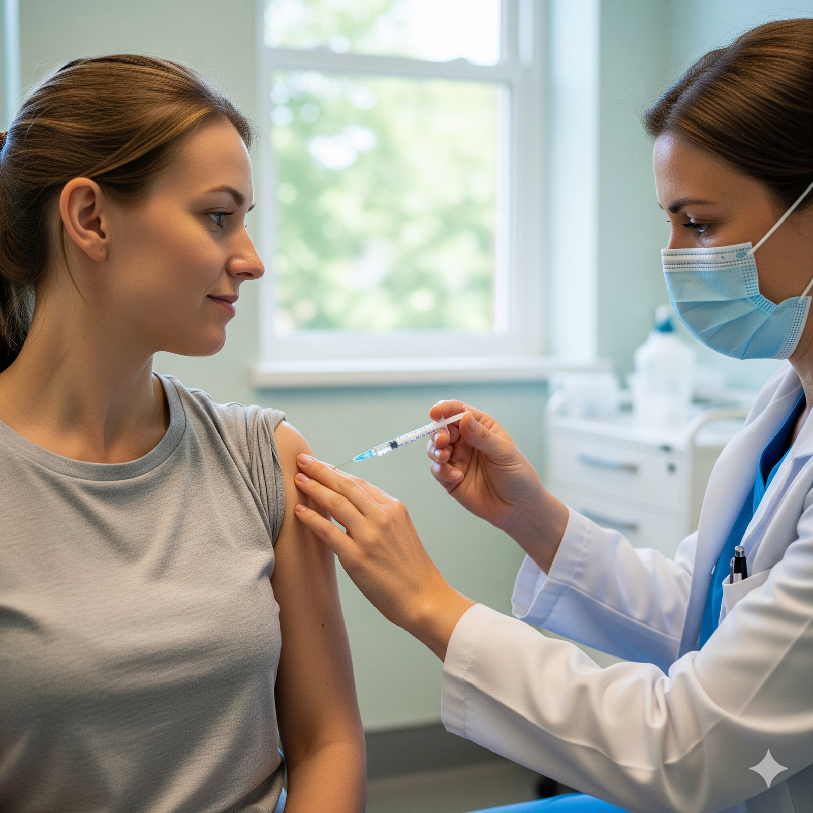 A female healthcare worker in a face mask and gloves administers a vaccine to a woman's upper arm.
