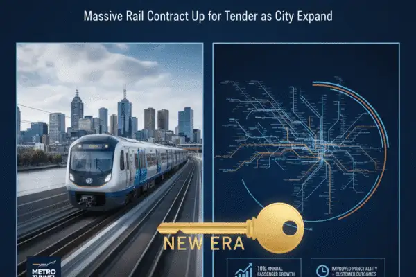 A vibrant image of Melbourne's commuter rail network featuring a modern train approaching a busy station platform, with another train stationed alongside.