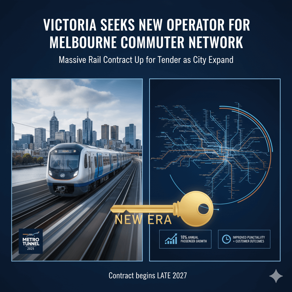 A vibrant image of Melbourne's commuter rail network featuring a modern train approaching a busy station platform, with another train stationed alongside.