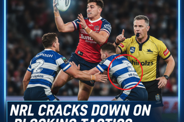 A dynamic rugby league action shot. A player in a red and blue jersey jumps to catch a high ball, while two players in blue and white striped jerseys appear to be attempting to block.