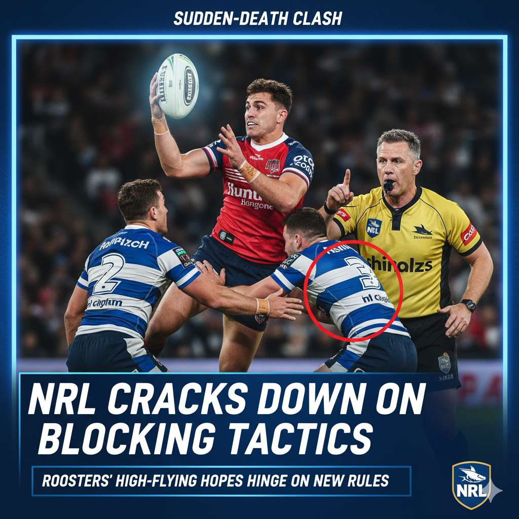 A dynamic rugby league action shot. A player in a red and blue jersey jumps to catch a high ball, while two players in blue and white striped jerseys appear to be attempting to block.