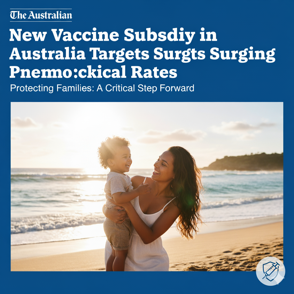 A mother and child smiling on a beach at sunset, with "The Australian" logo and vaccine information.