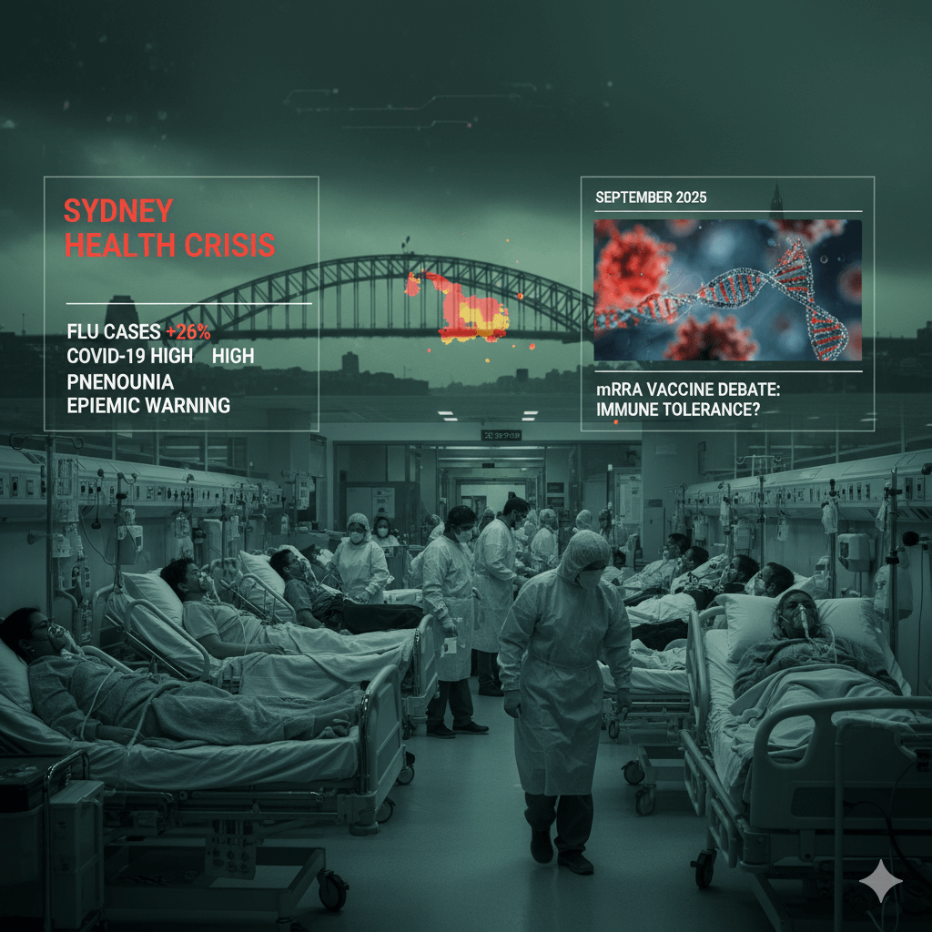 News anchor reporting on Sydney's health crisis with city skyline at night.