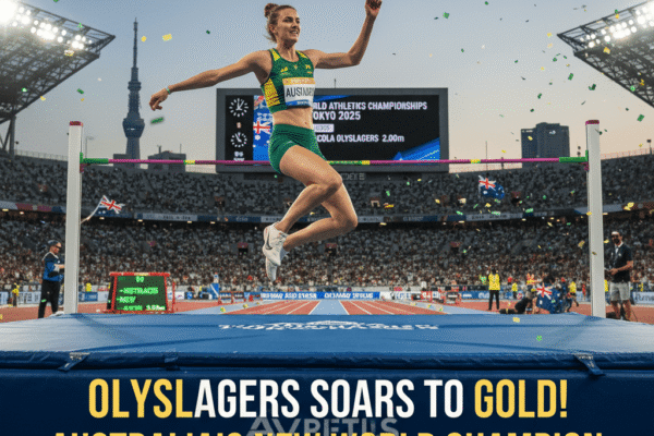 Image of Nicola Olyslagers celebrating her gold medal win at the 2025 World Athletics Championships in Tokyo, holding an Australian flag.