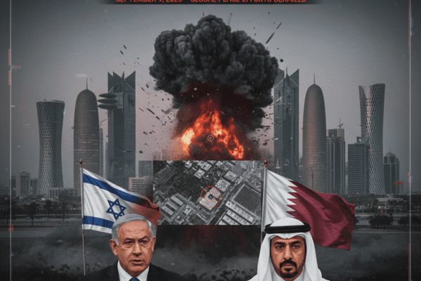 A somber composite image illustrating the Israeli airstrikes in Qatar. In the background, modern Doha city skyscrapers are partially obscured by a large explosion. Below, an Israeli flag stands next to Benjamin Netanyahu, who appears to be defending the actions, while a Qatari flag is beside Prime Minister Mohammed bin Abdulrahman Al Thani, who appears to be condemning them.