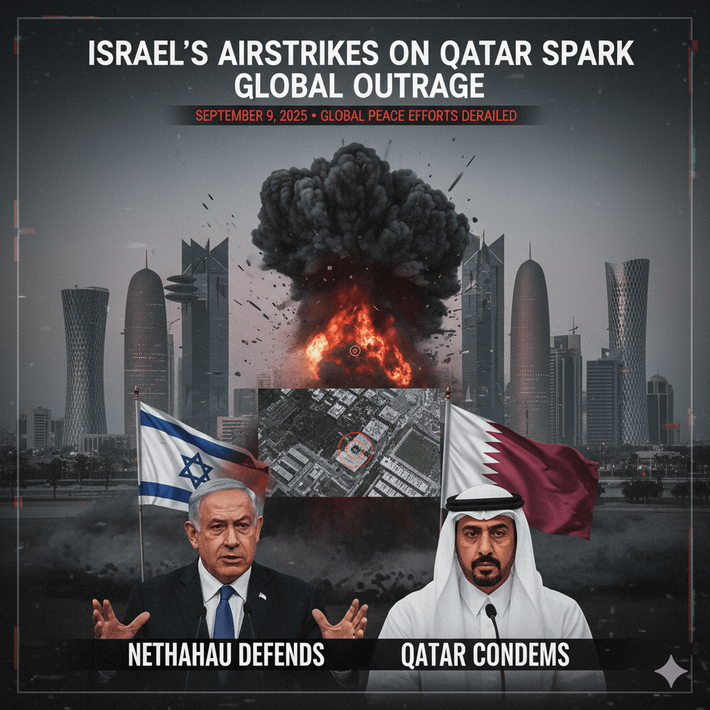 A somber composite image illustrating the Israeli airstrikes in Qatar. In the background, modern Doha city skyscrapers are partially obscured by a large explosion. Below, an Israeli flag stands next to Benjamin Netanyahu, who appears to be defending the actions, while a Qatari flag is beside Prime Minister Mohammed bin Abdulrahman Al Thani, who appears to be condemning them.