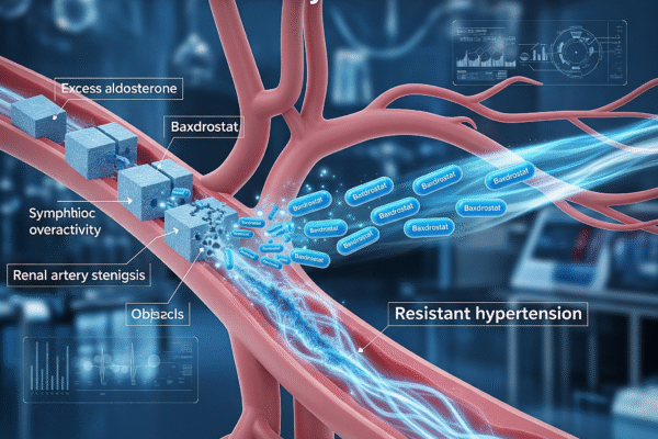 3D medical illustration showing Baxdrostat targeting excess aldosterone and other causes of resistant hypertension in blood vessels.
