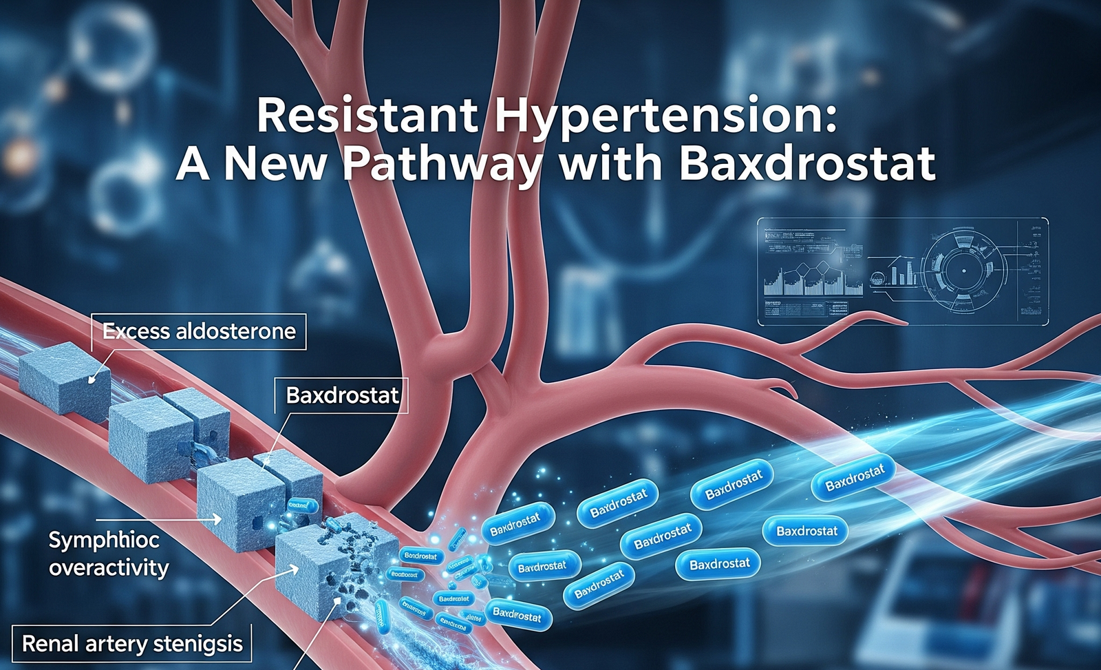 3D medical illustration showing Baxdrostat targeting excess aldosterone and other causes of resistant hypertension in blood vessels.