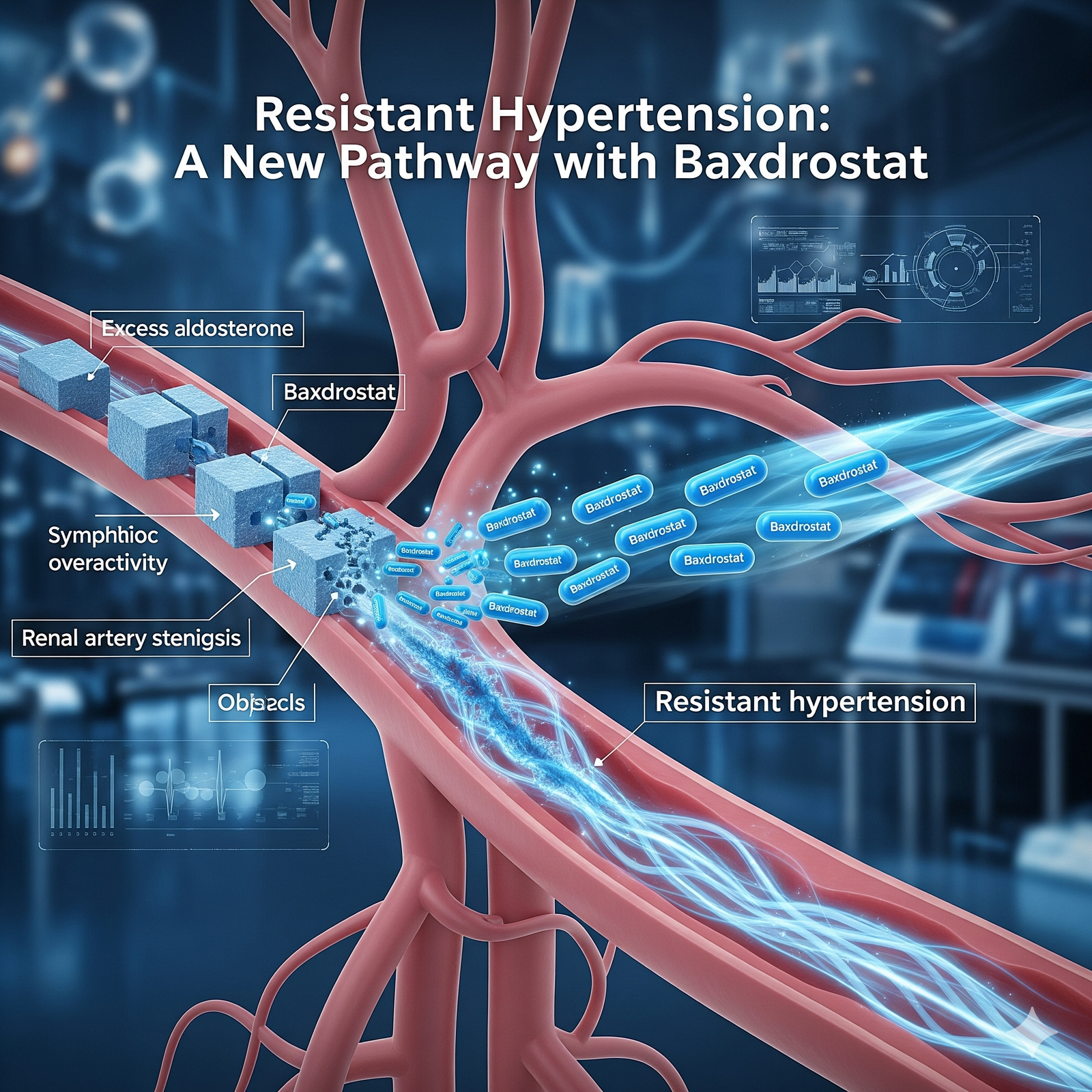 3D medical illustration showing Baxdrostat targeting excess aldosterone and other causes of resistant hypertension in blood vessels.