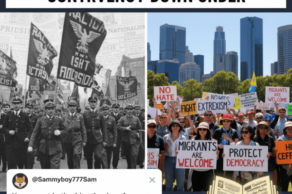 A news article headline reads "Rise of Fascism Debate Sparks Controversy Down Under" with a background image of a diverse Australian cityscape, including the Sydney Opera House and Harbour Bridge.