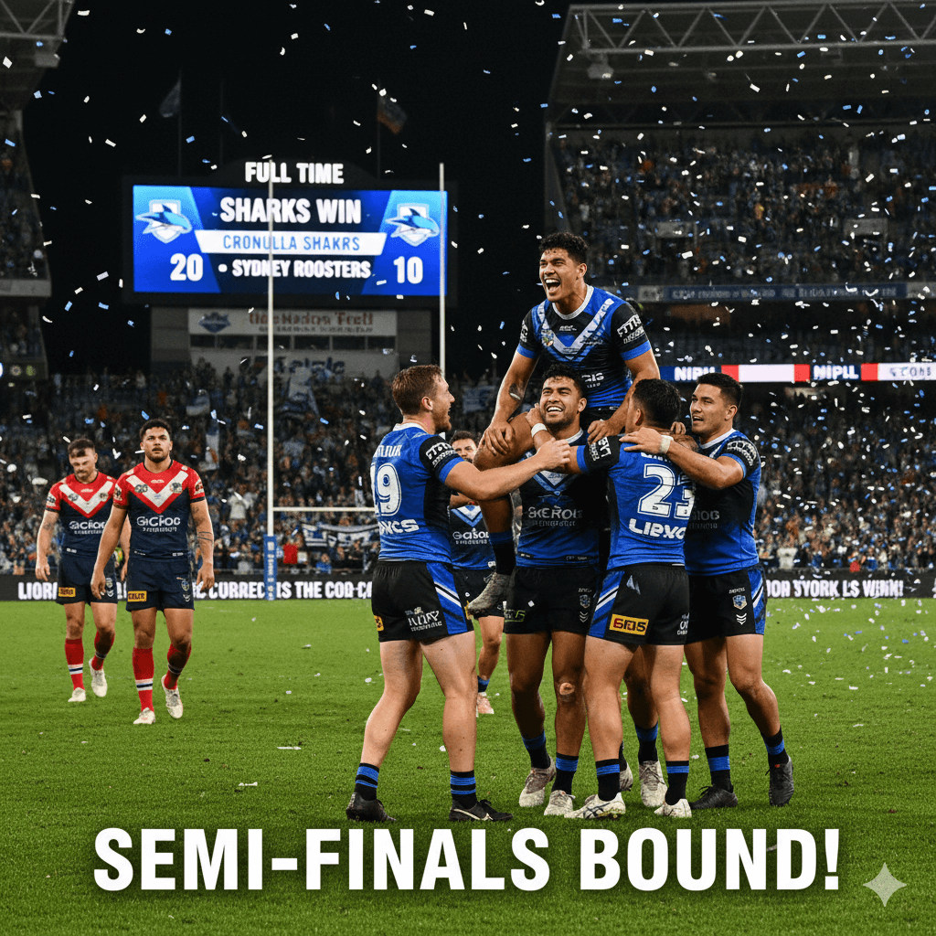 A group of Cronulla Sharks rugby league players in blue and white jerseys celebrate on the field as confetti falls around them.