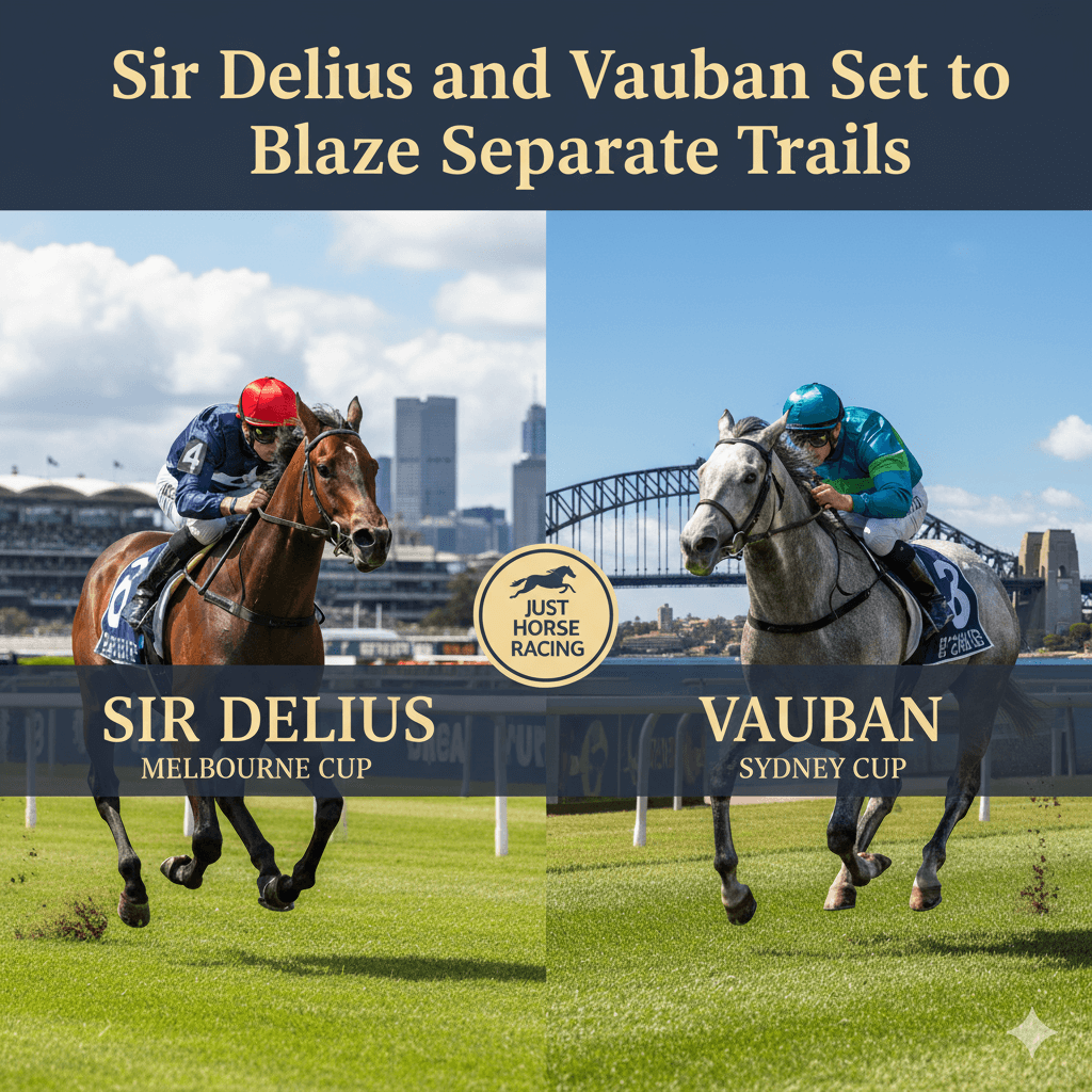 Two racehorses, Sir Delius and Vauban, stand on a green racetrack field, held by trainers in dark uniforms. The horses are adorned with racing gear, with a racetrack and clear sky in the background, symbolizing their preparation for the Melbourne and Sydney Cups in September 2025 under the guidance of trainer Gai Waterhouse.