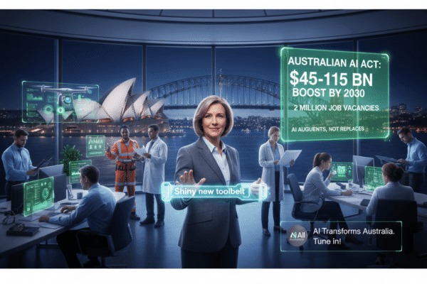 A photo of Employment Minister Amanda Rishworth speaking at a podium, with the Australian flag in the background, symbolizing government plans to integrate AI into workplaces.