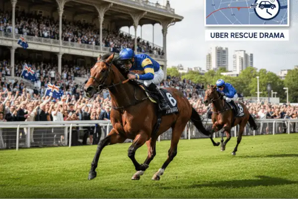 Racehorse Asfoora, with jockey, charges past cheering crowds at Longchamp. An infographic highlights the "Uber Rescue Drama" for a missing passport.