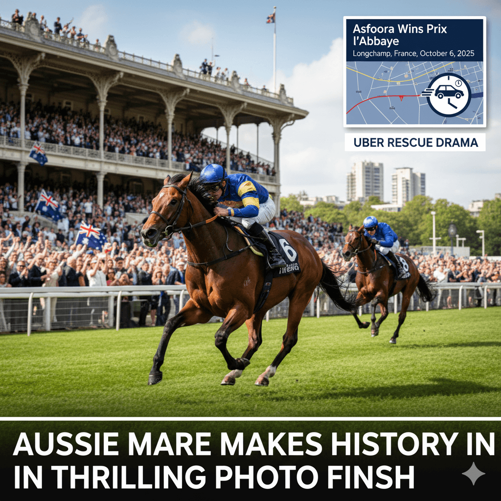 Racehorse Asfoora, with jockey, charges past cheering crowds at Longchamp. An infographic highlights the "Uber Rescue Drama" for a missing passport.