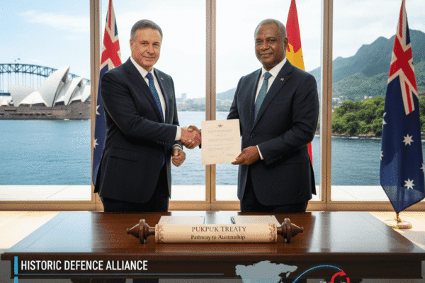 Image shows two men in suits walking side by side with Australian and PNG flags in the background, with a 7NEWS graphic reading "HISTORIC DEFENCE PACT."