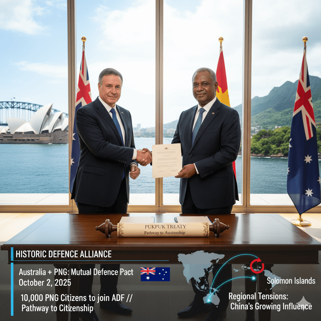 Image shows two men in suits walking side by side with Australian and PNG flags in the background, with a 7NEWS graphic reading "HISTORIC DEFENCE PACT."