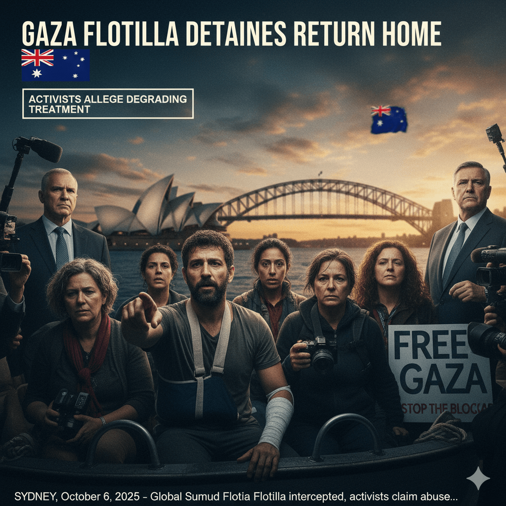 Seven Australian activists detained after a Gaza aid flotilla was intercepted by Israel allege degrading treatment, sparking protests and global debate.