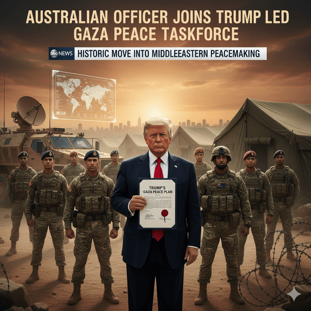 Australian Defence Force officer attends a multinational briefing with US CENTCOM and Israeli officials in Tel Aviv as part of Gaza peace efforts.